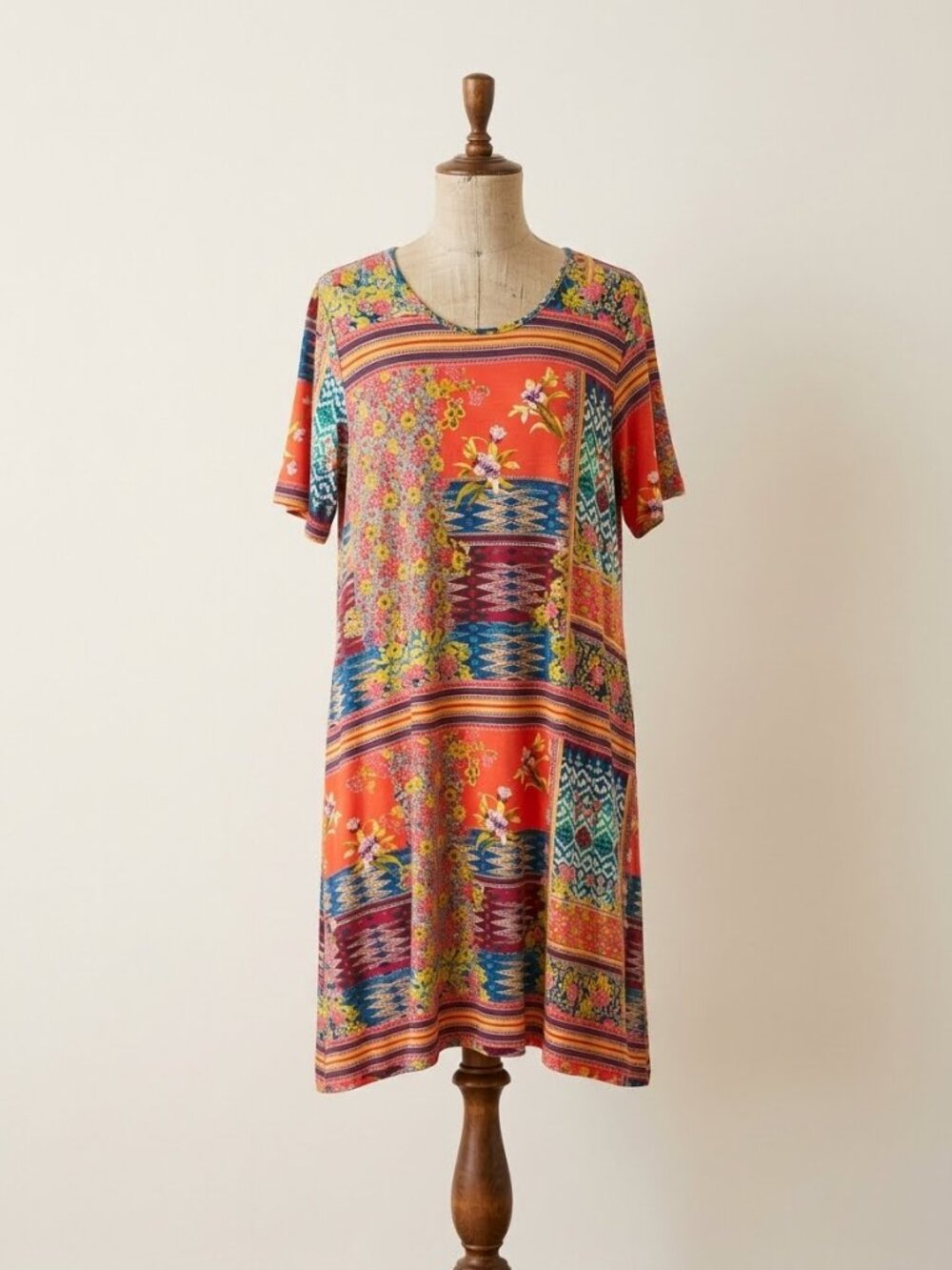 Johnny Was Allie Flower Mixed Print Swing Dress Size Large Bamboo Blend